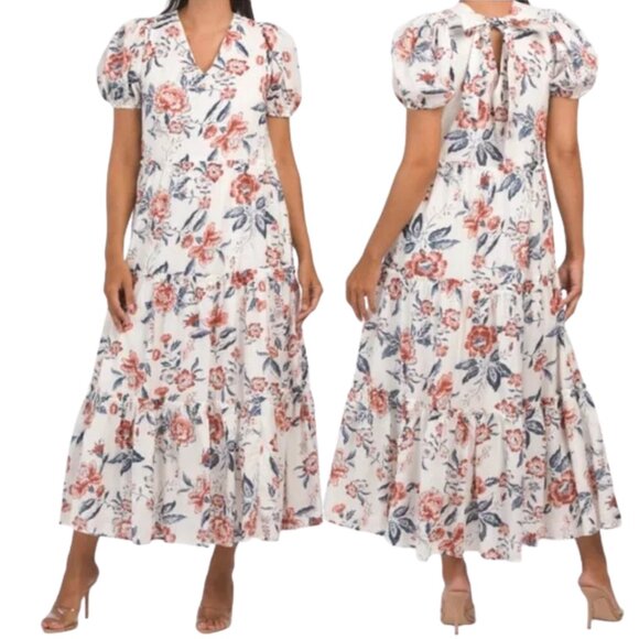 Lucky Brand Short Puff Sleeve V-neck Tiered Tie Back Floral Maxi Dress sz XS - Picture 1 of 7